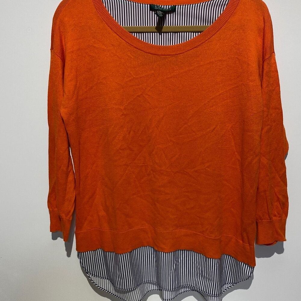 Lauren Ralph Lauren Orange Layered Sweater Striped Hem 3/4 Sleeve Large L